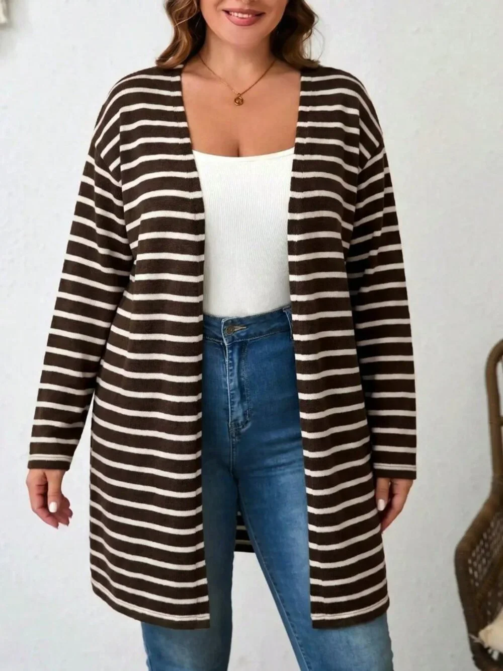 Brown Casual Women's Plus Size Striped Rib-Knit V Neck Drop Shoulder Coat